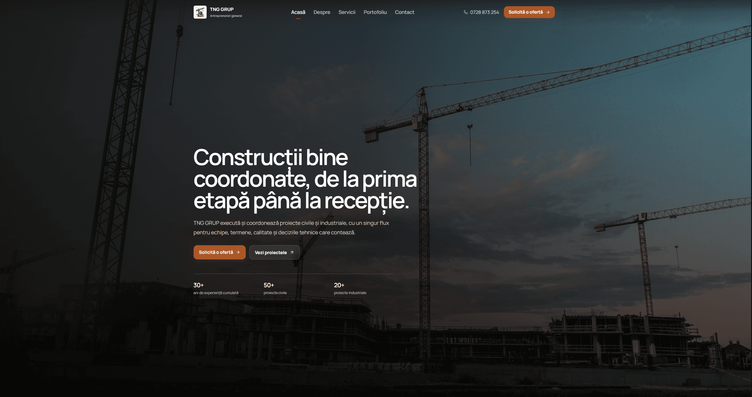 Captură de ecran a site-ului TNG GRUP — Site de prezentare, realizat de Myriad Tech