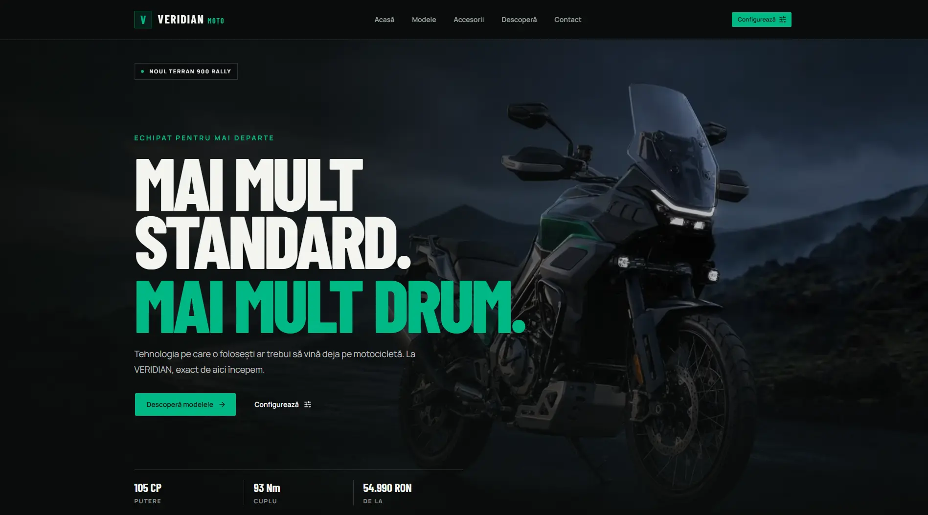 Captură de ecran a site-ului Veridian Moto — Site de prezentare, realizat de Myriad Tech