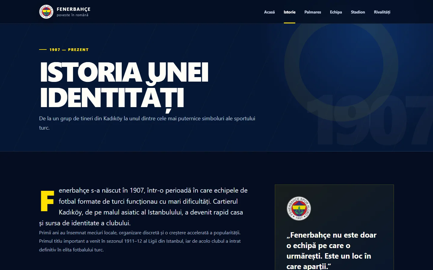 Pagina editorială Fenerbahçe despre istoria clubului