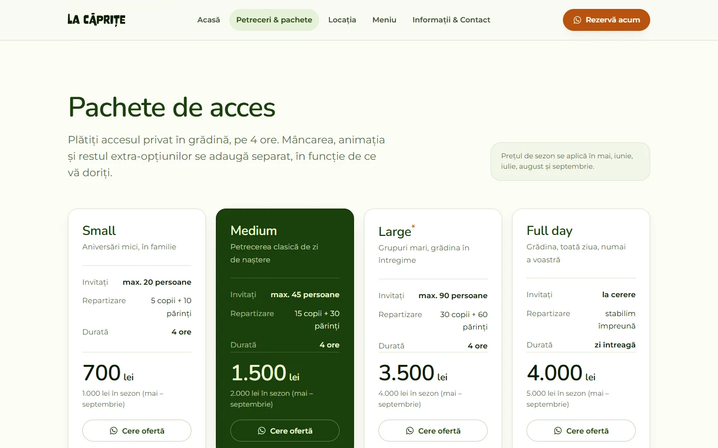 La Căprițe private garden party access packages