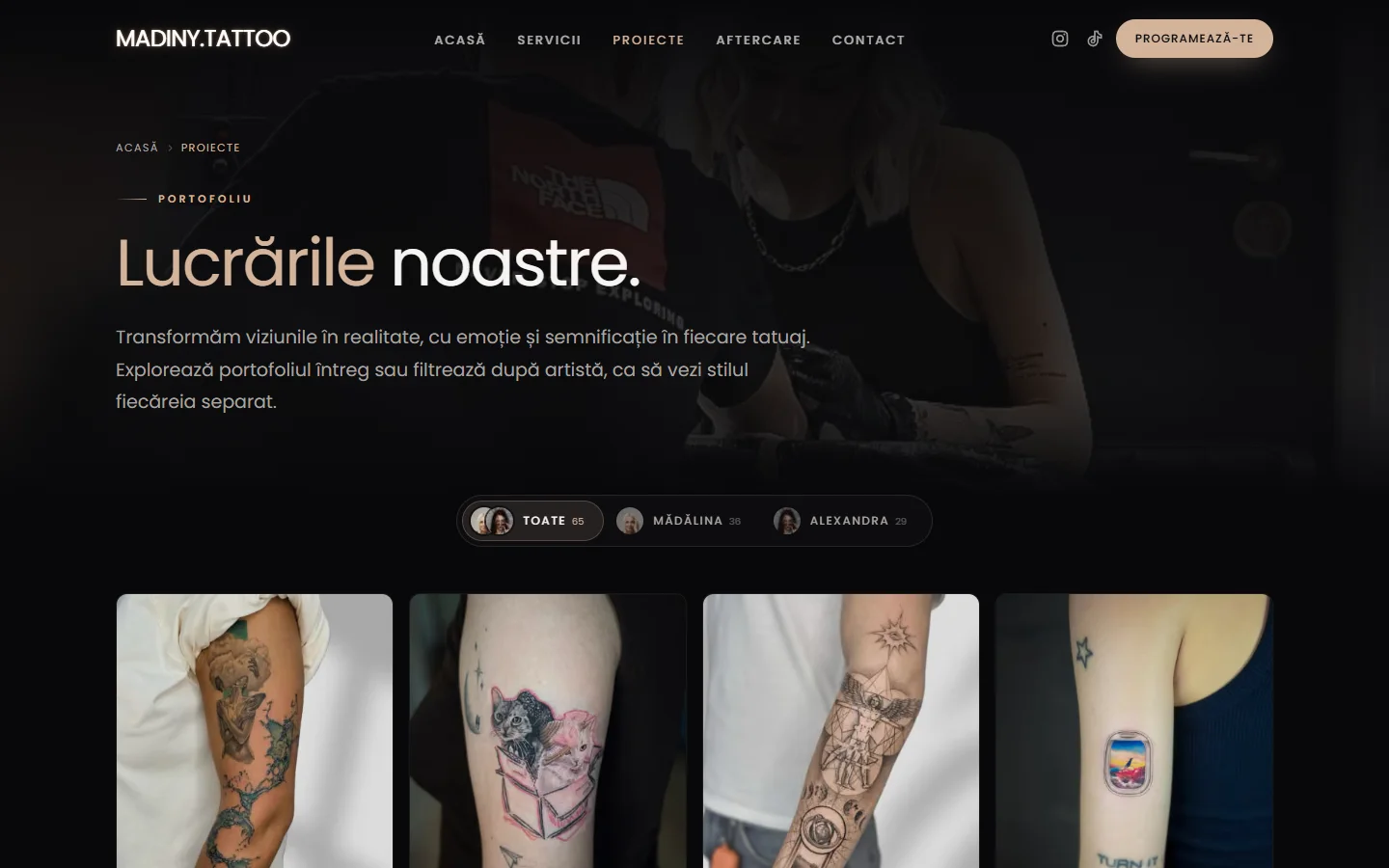 Real capture of the MadinyTattoo portfolio, with artwork filters by artist