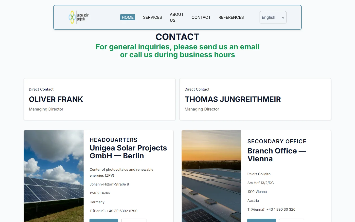 Unigea contact section showing the Berlin and Vienna offices