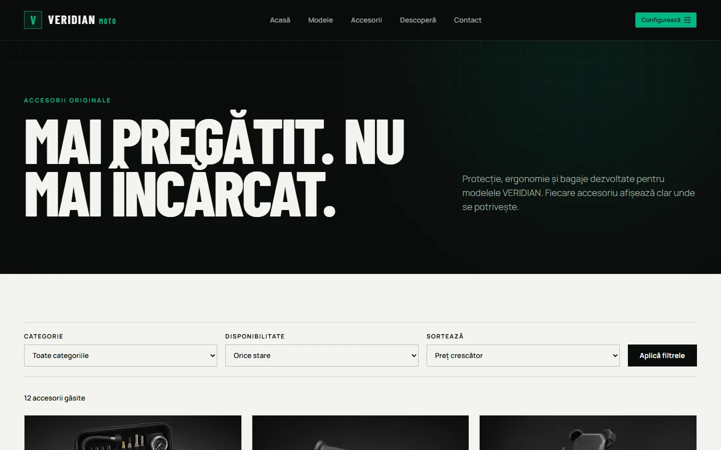 Catalogul de accesorii Veridian Moto, cu filtre și compatibilitate