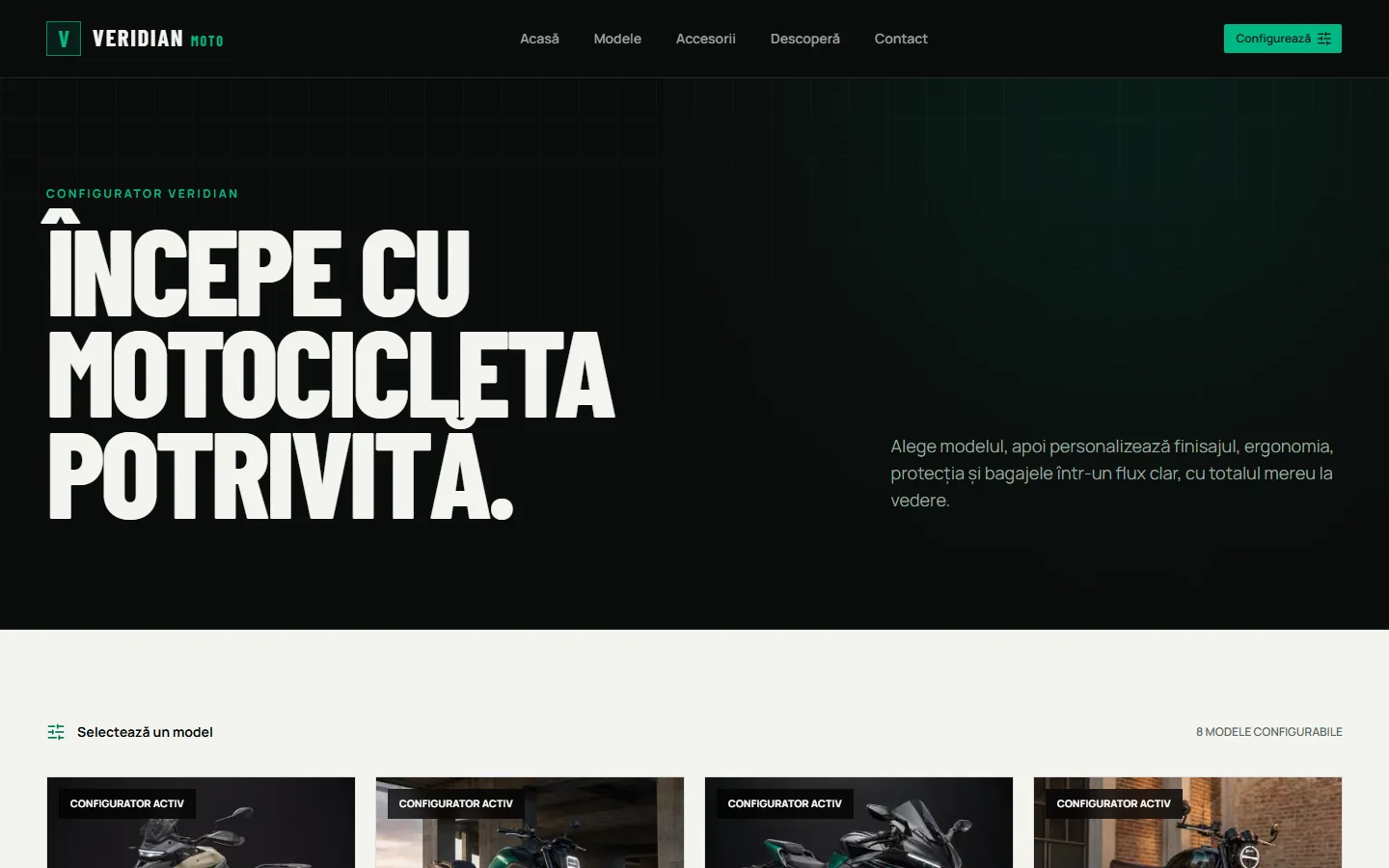 Pagina configuratorului Veridian Moto cu modelele disponibile