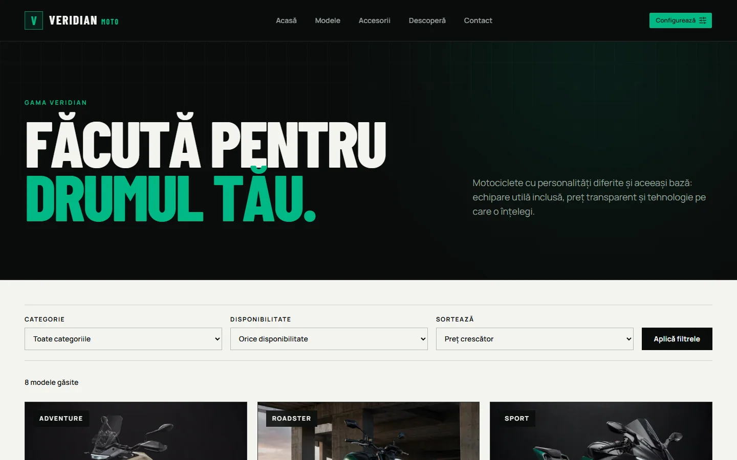 Catalogul Veridian Moto cu categorii, filtre și modele de motociclete