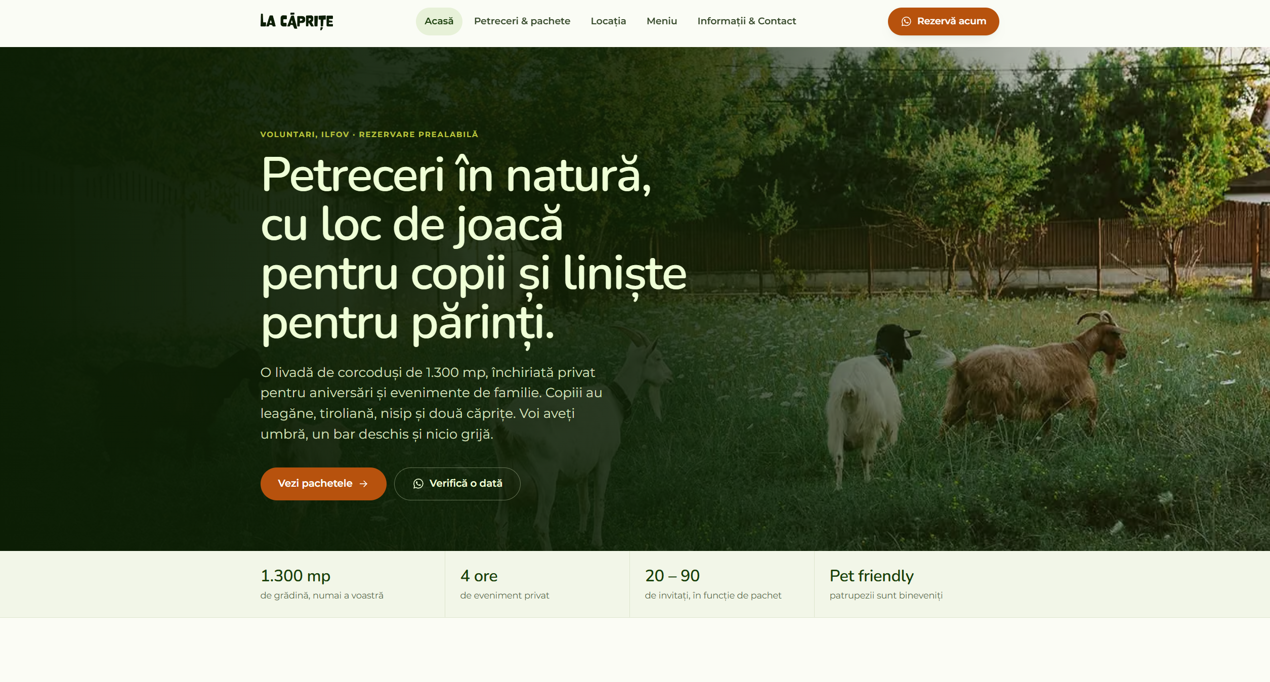 Captură de ecran a site-ului La Căprițe — Site de prezentare, realizat de Myriad Tech