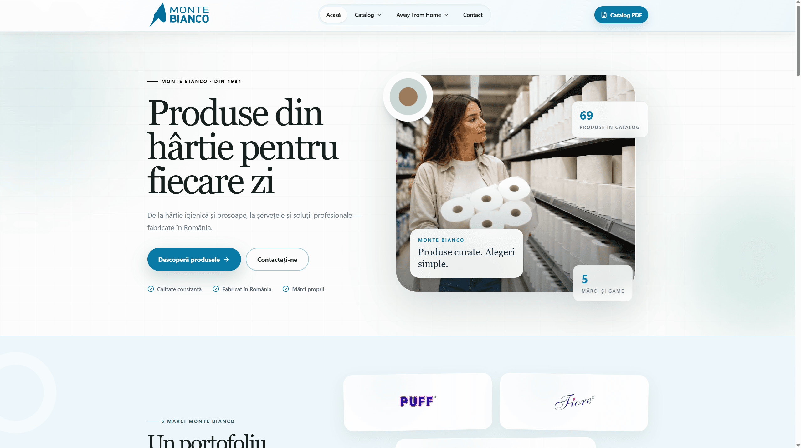 Captură de ecran a site-ului Monte Bianco — Site de prezentare, realizat de Myriad Tech